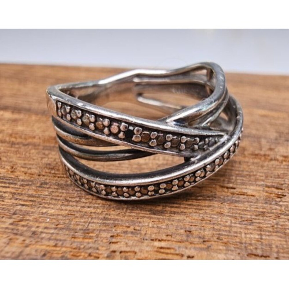 SUN Designer Black & White Diamond 925 Wave Multi Strand Band Ring Size 4 3/4